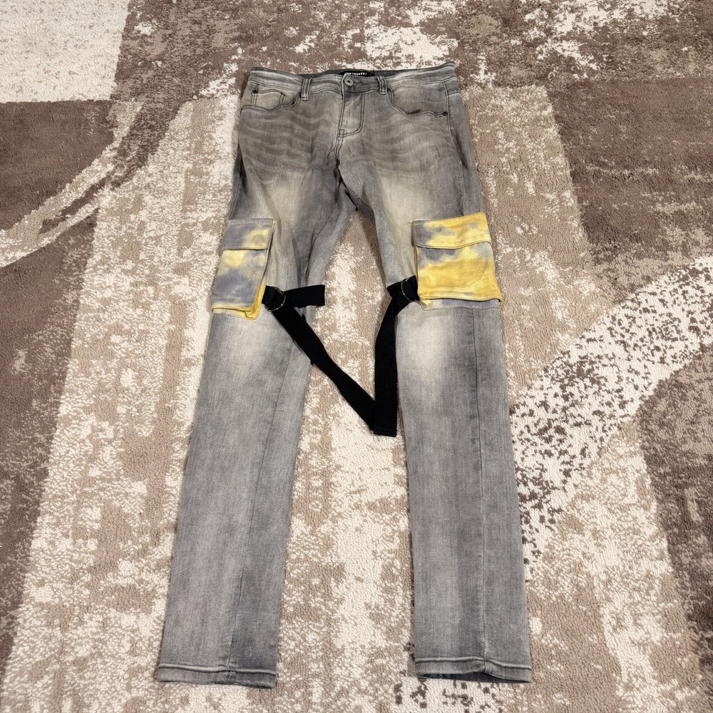 Serenede NB8 Nebula 8 Cargo Jeans Pants Mens 30x33‎ Black Straps Gray Skinny